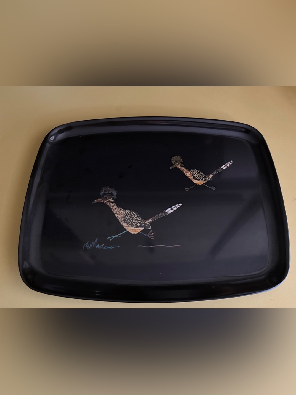 VTG Couroc of Monterey Roadrunner Medium Serving Tray MCM Black Inlaid Wood EUC